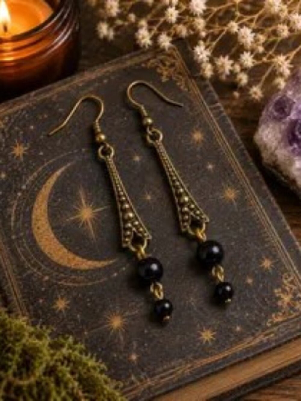 Art Deco Brass Drop Earrings, Vintage Japanese Beads